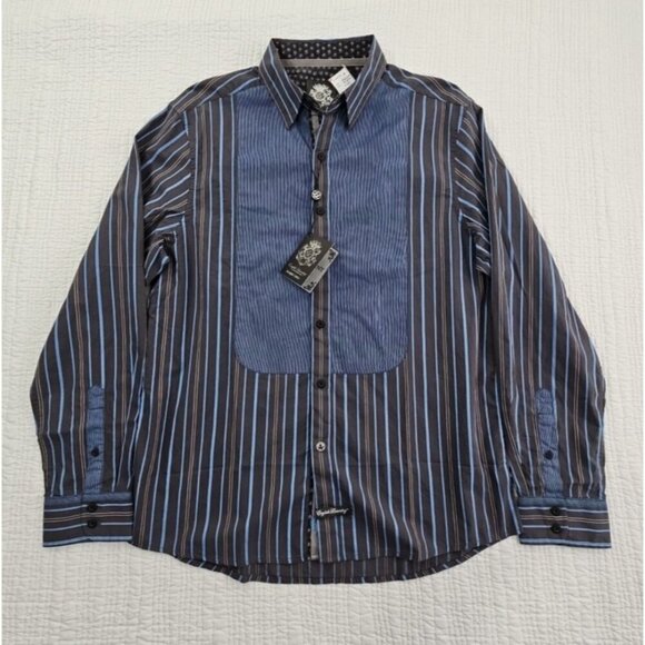 English Laundry Blaque Label Shirt Men's Large Black Blue Stripes NWT Arrogant - Picture 1 of 16
